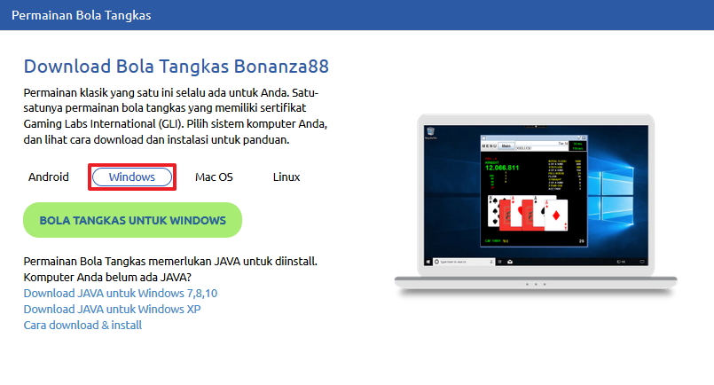 Screenshot panduan install permainan bola tangkas bonanza88 windows 1