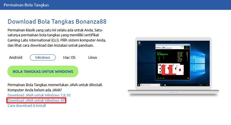 Screenshot panduan install permainan bola tangkas bonanza88 windows 9
